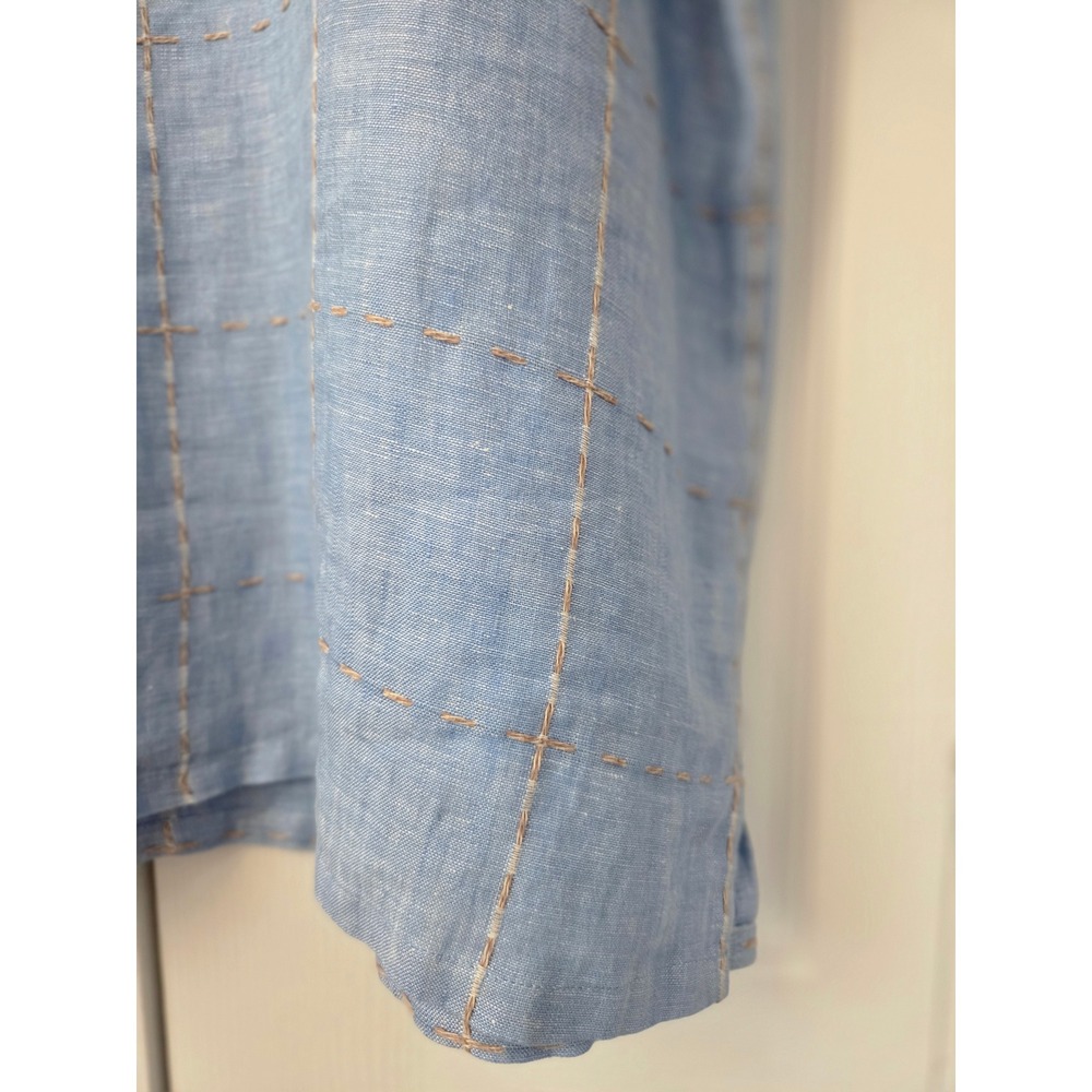 La Habana Linen Buttondown Shirt Short Sleeve‎ Mens XL Blue Grid Contrast Stitch - Picture 3 of 7